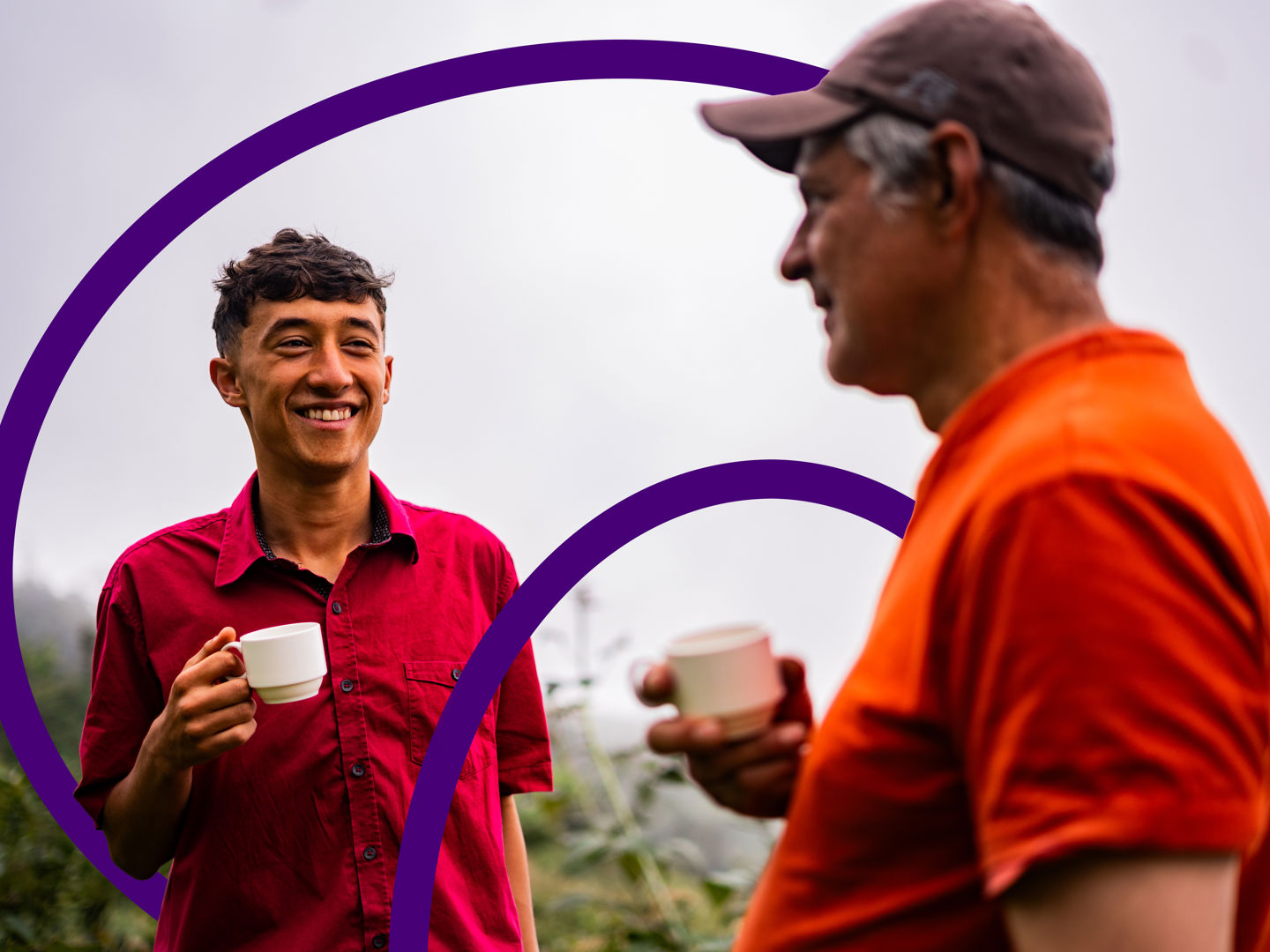 Two people sharing a cup of tea outside - with Clinical Partners brand expression