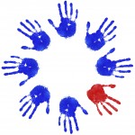 Images of blue handprints with an odd red one, concepts of Teamwork, Equality and Diversity.